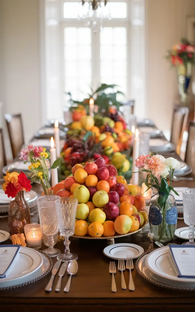 A beautifully arranged table featuring an impressive centerpiece of seasonal fruits, candles, and colorful flowers.