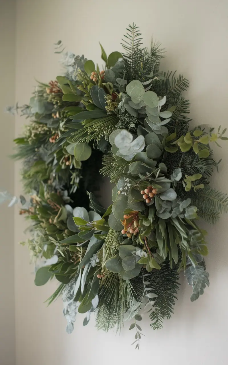 A lush green wreath featuring eucalyptus, pine, and small berries, hung on a wall.