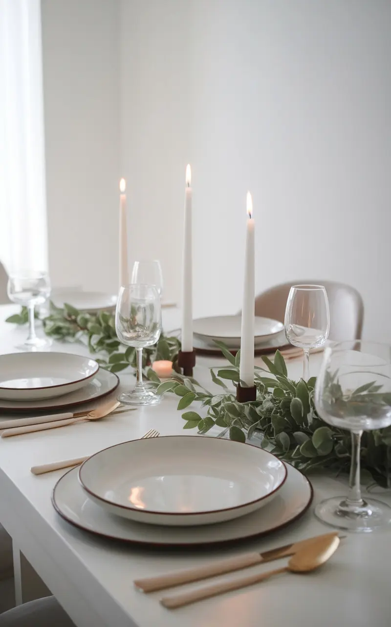 A minimalist Mother's Day table setting with white plates, gold utensils, and candles surrounded by greenery.