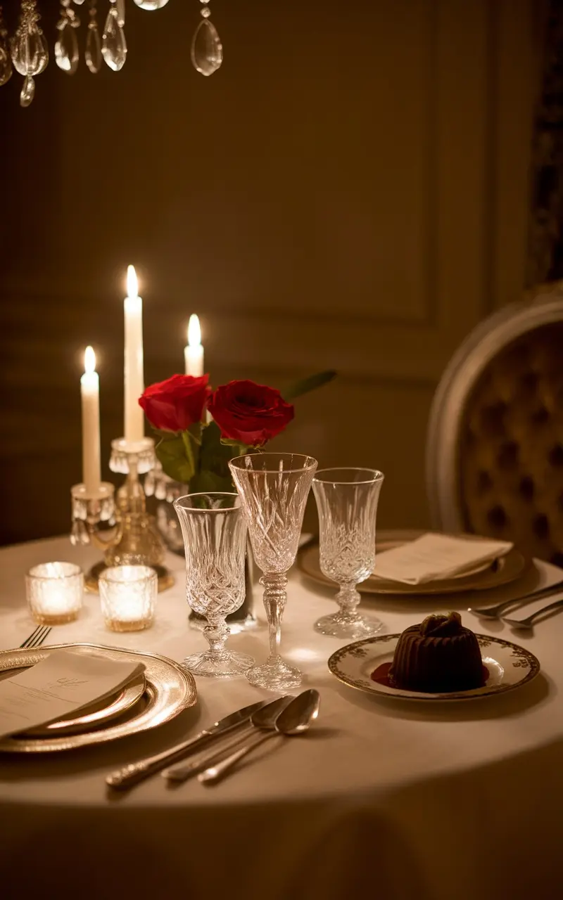 A beautifully set table with soft candlelight, crystal glassware, and red roses.