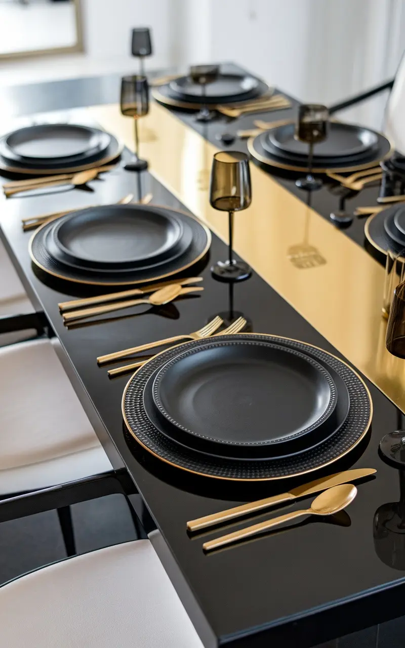 A dining table set with black plates, gold utensils, and elegant candle holders.