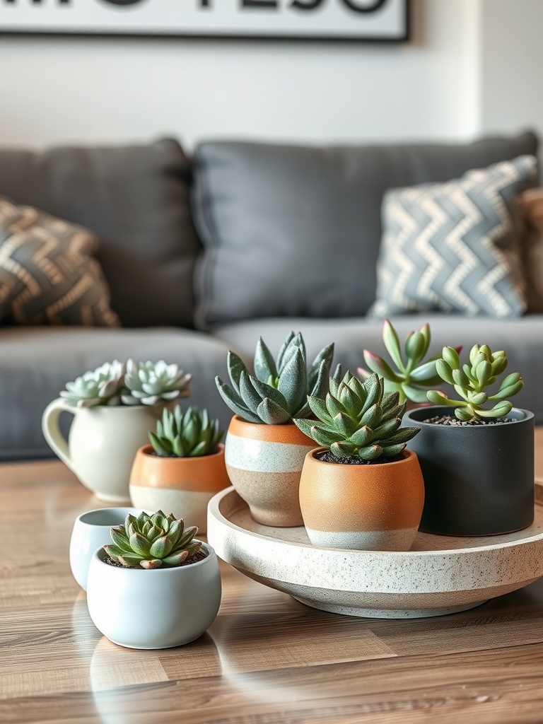 A collection of potted succulents in various shapes and colors arranged on a tray, set against a cozy living room background.