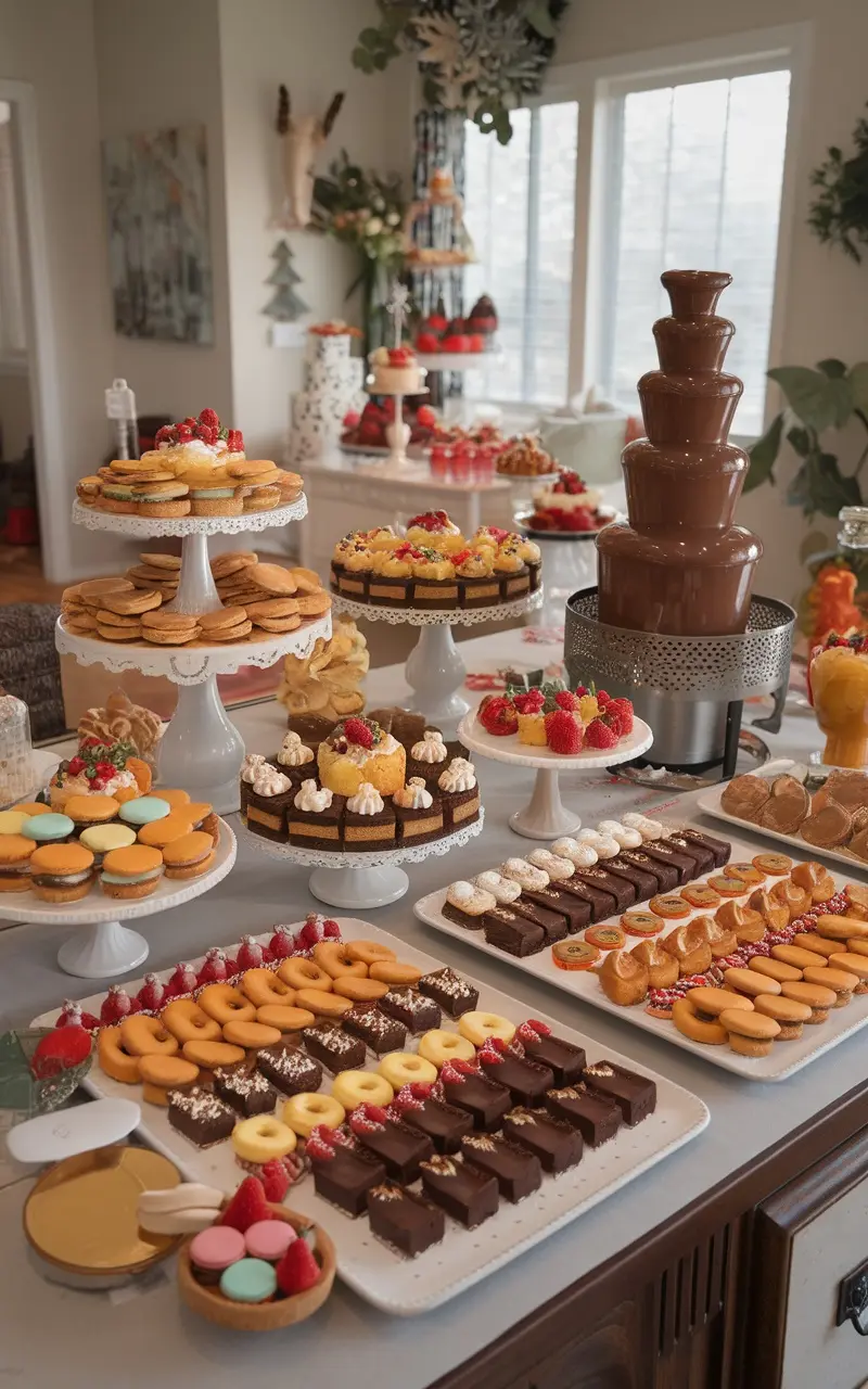 A beautifully arranged dessert display with a chocolate fountain, various cupcakes, cookies, and pastries on elegant stands.