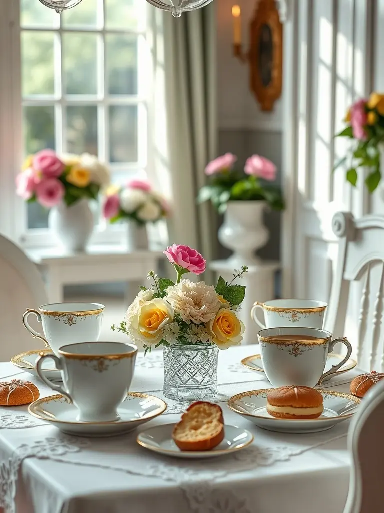A beautifully set table for a tea party with floral arrangements, teacups, and pastries.