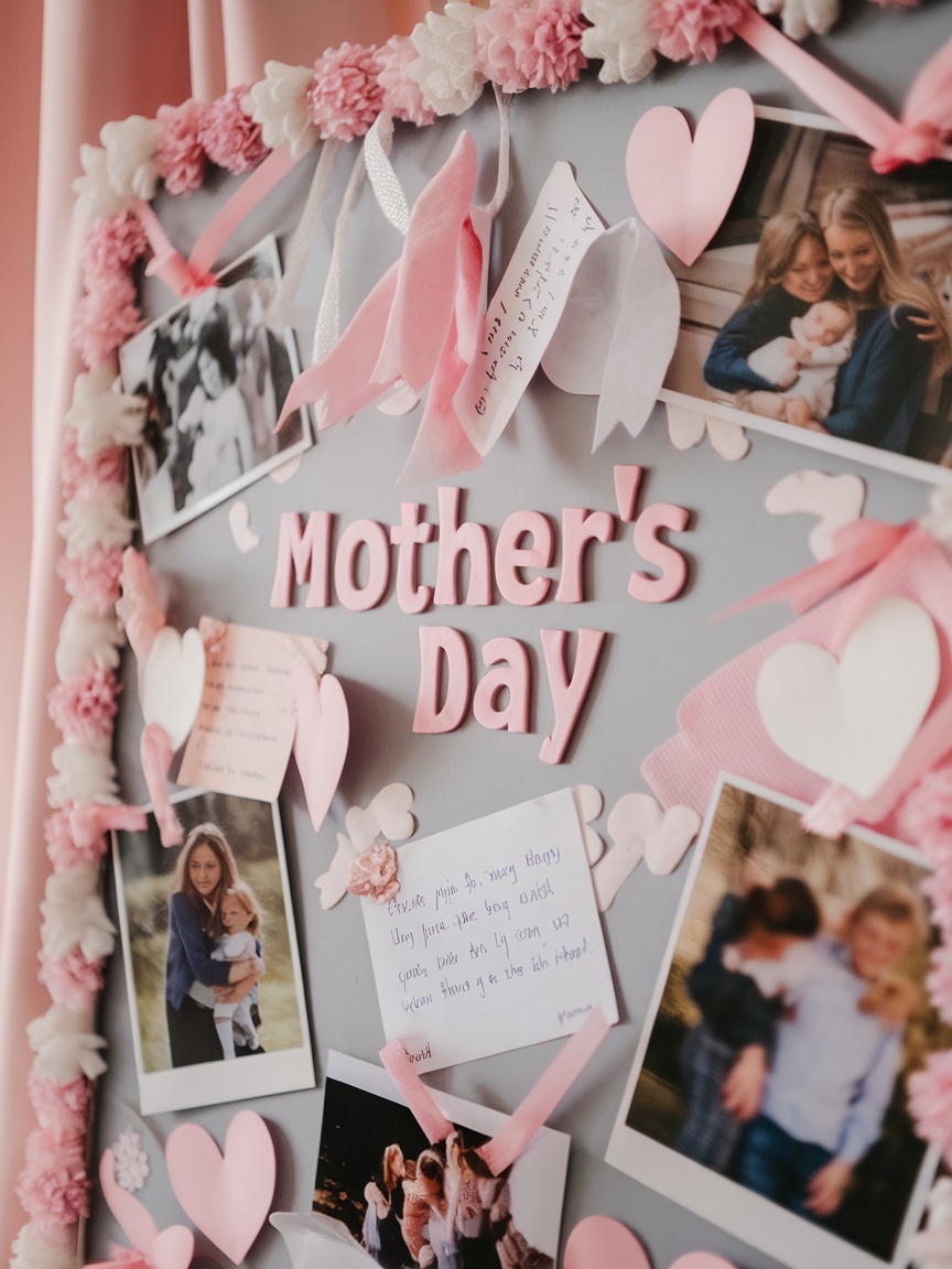 A corkboard decorated for Mother's Day with photos, notes, and a cheerful message.