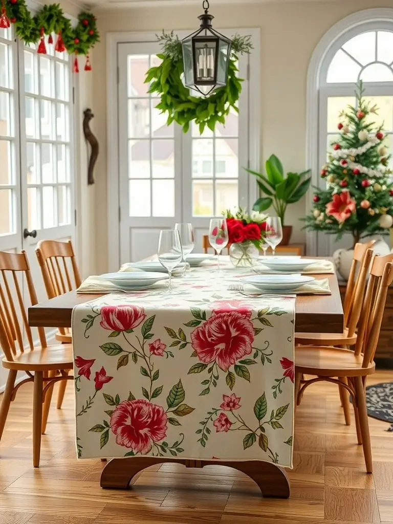 A beautifully decorated dining table featuring a floral themed table runner with roses.