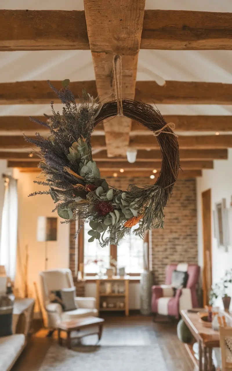 A wreath made of dried flowers hanging in a living room with wooden beams.