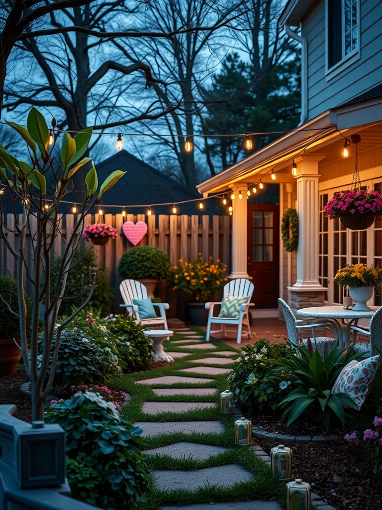 A cozy garden pathway illuminated with string lights and lanterns, surrounded by lush plants and flowers.