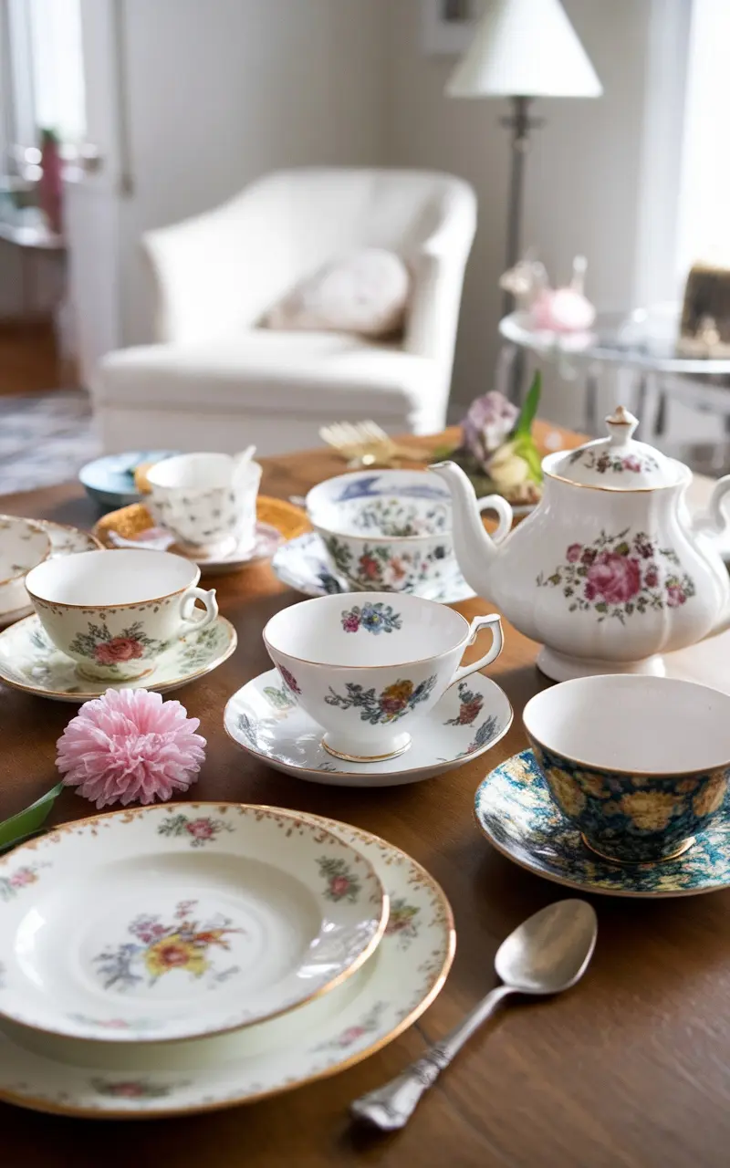 A beautifully set tea party table with floral china, a teapot, and decorative flowers.