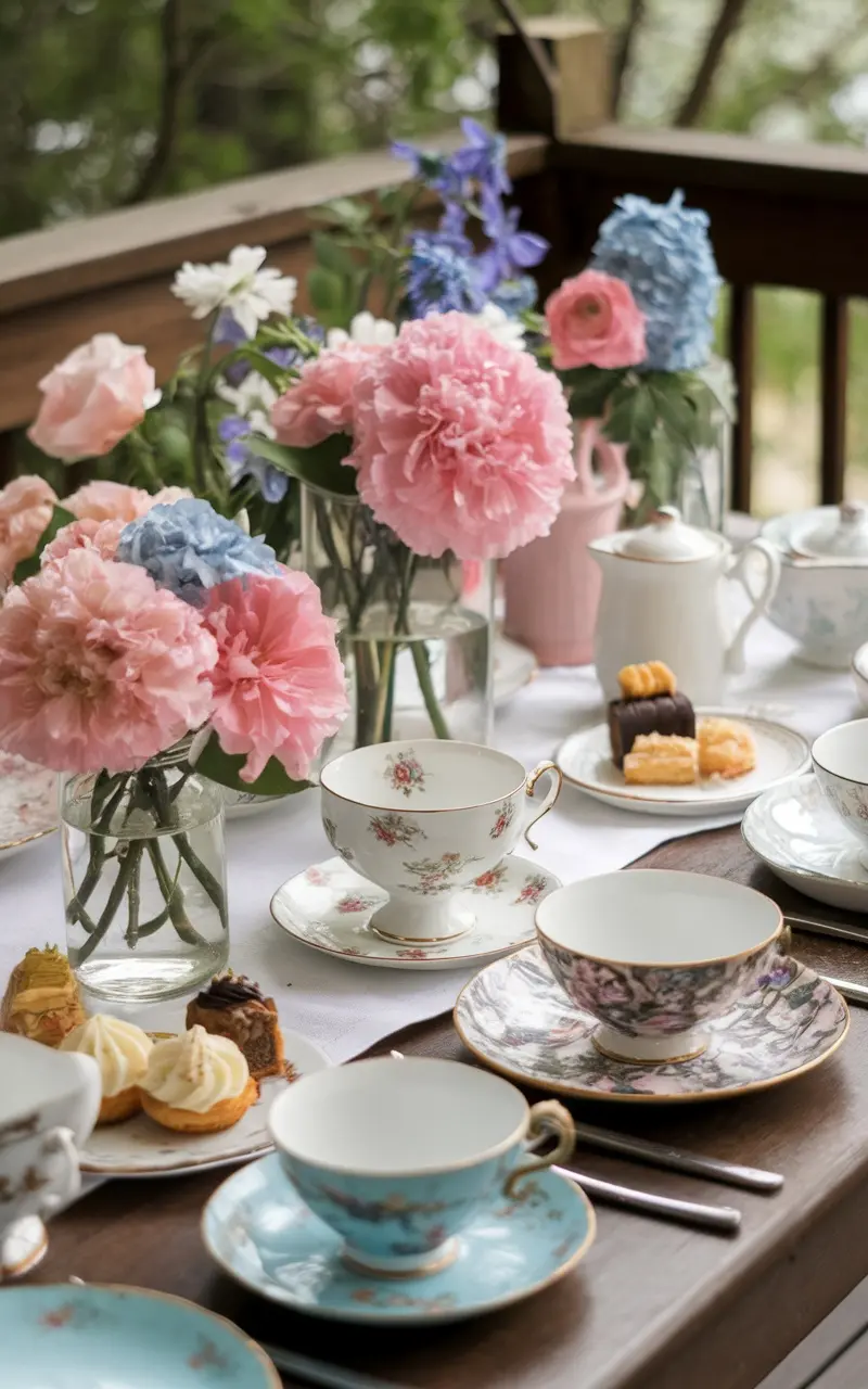 A charming tablescape featuring tea cups, pastries, and vibrant flowers for a Mother's Day tea party.