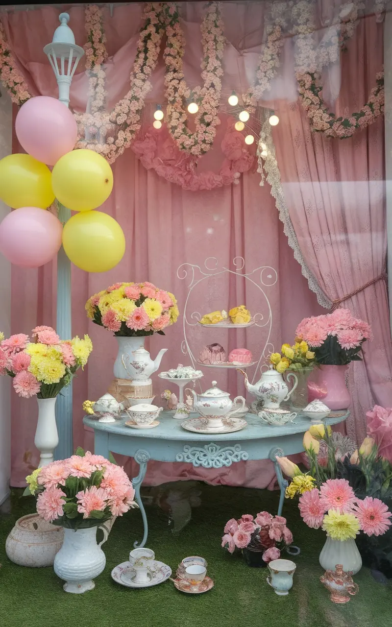 A whimsical tea party display featuring a table set with vintage china, floral arrangements, and cute animal decorations.