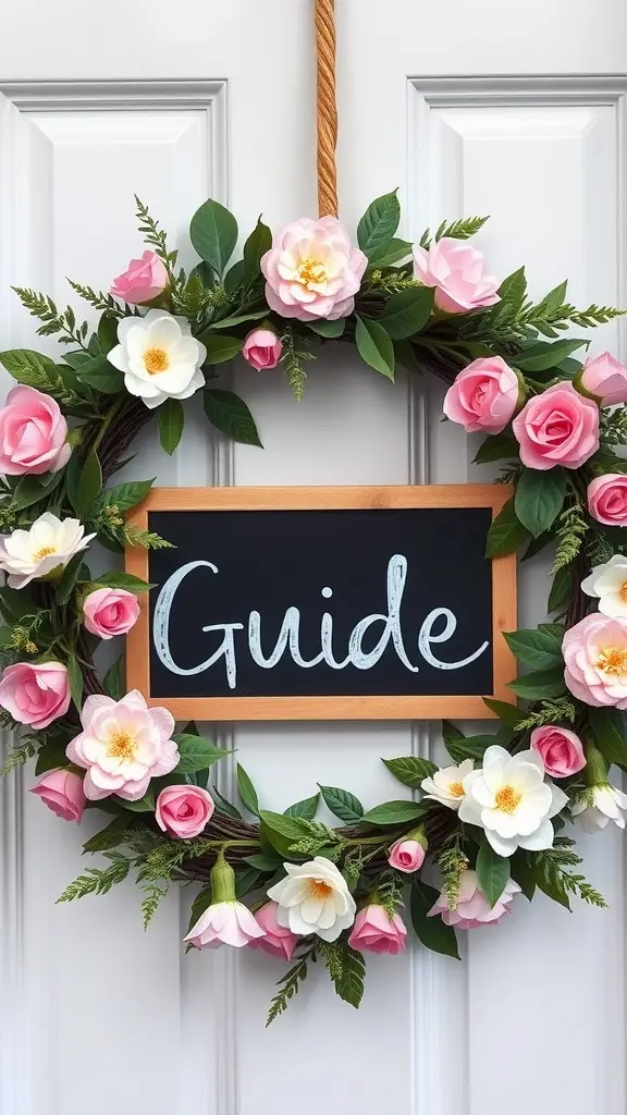 A decorative wreath with greenery and red berries, surrounded by scissors and tools for care tips.