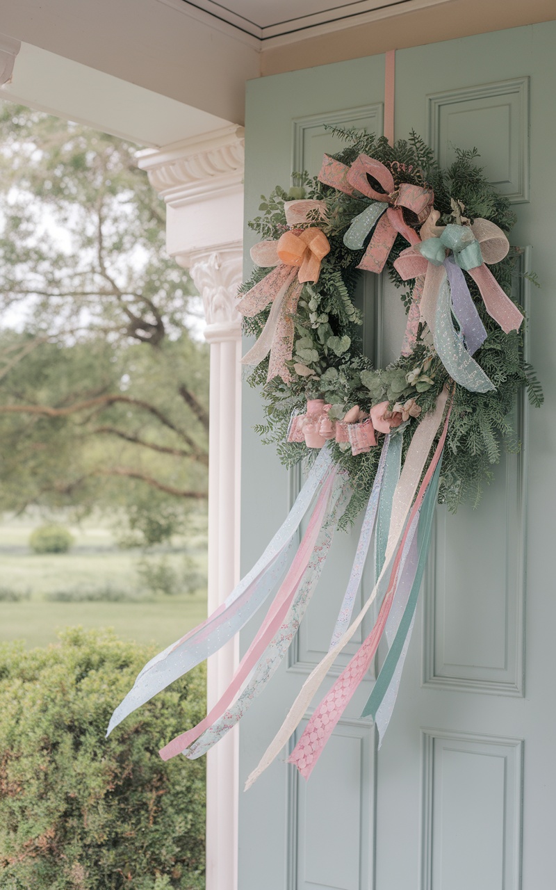 A green wreath adorned with colorful ribbons and bows, hanging on a blue door.