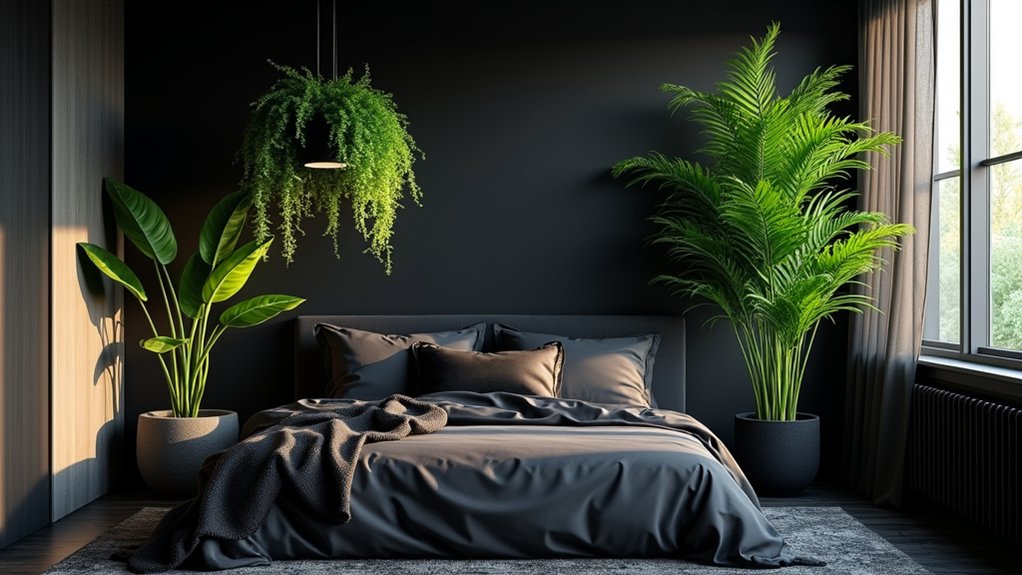 black bedrooms with plants