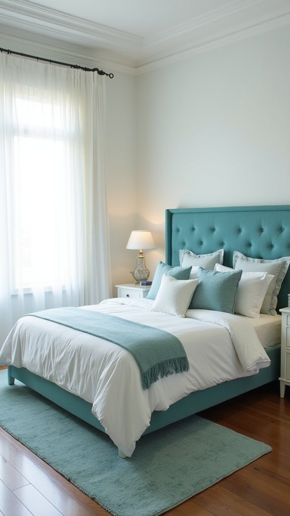 teal upholstered headboard feature