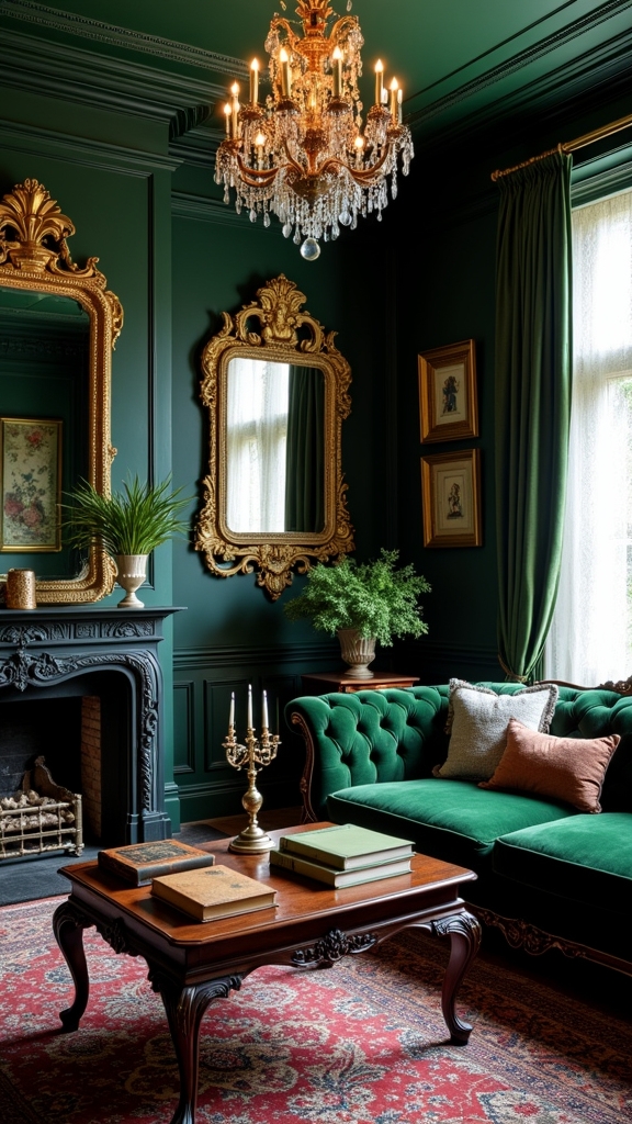 antiques enrich dark green decor