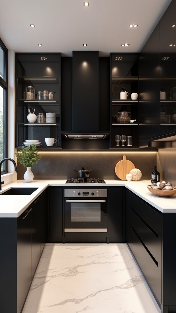 black and glass cabinet combination