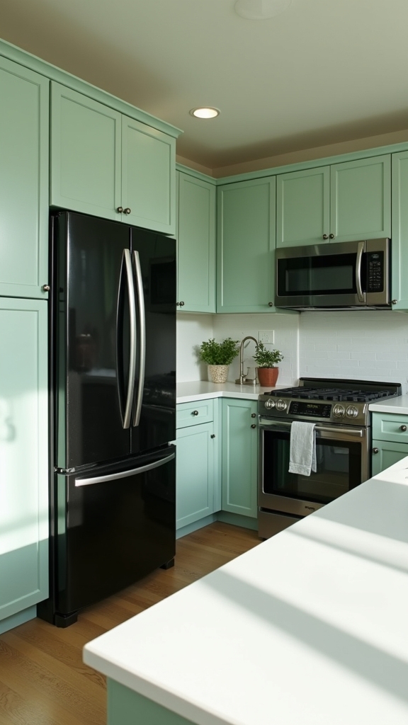 black appliances light green cabinets
