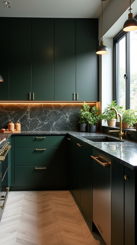 black cabinetry with green