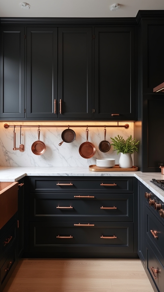 black cabinets copper accents