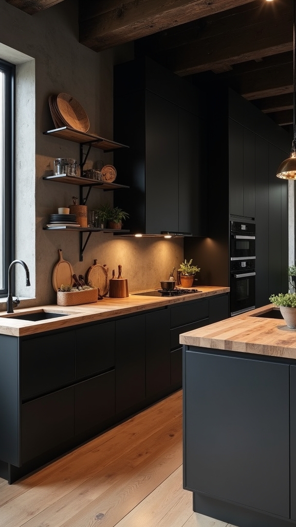 black cabinets warm butcher block