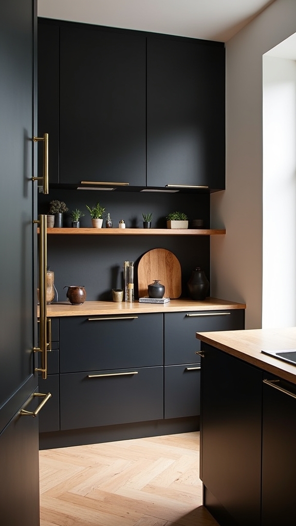 black cabinets warm wood
