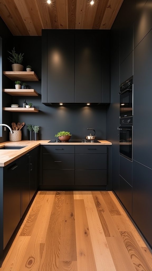 black cabinets warm wood