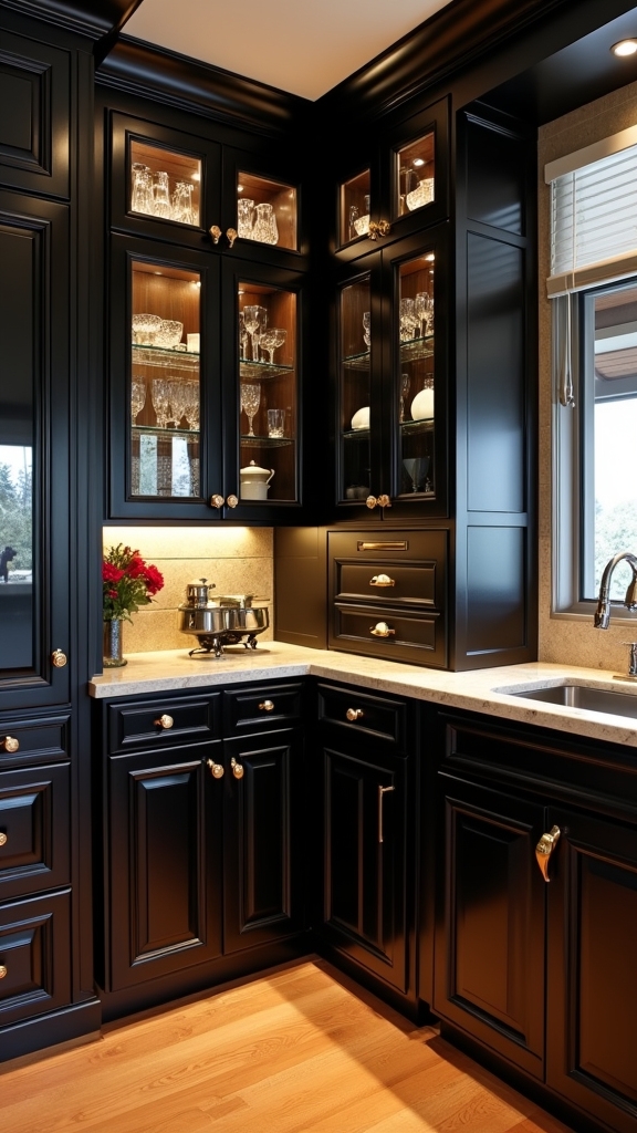 black cabinets with glass