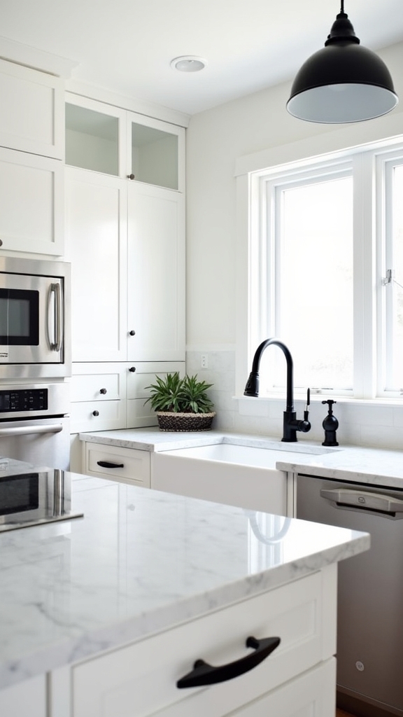 black hardware enhances kitchens