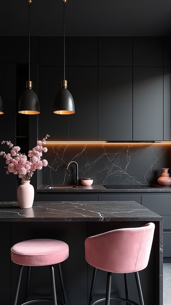 black kitchen with pink accents