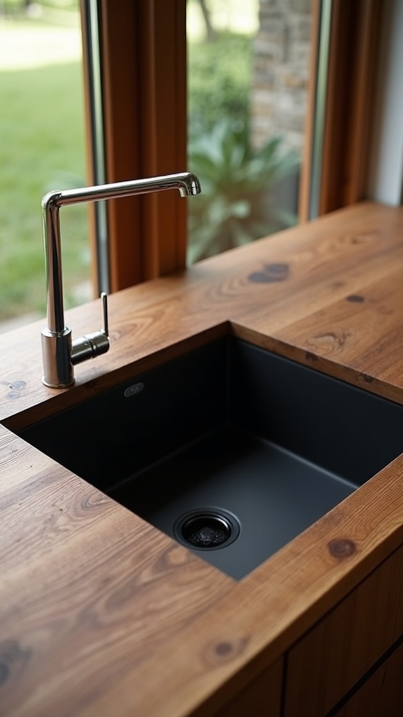 black sinks wooden countertops