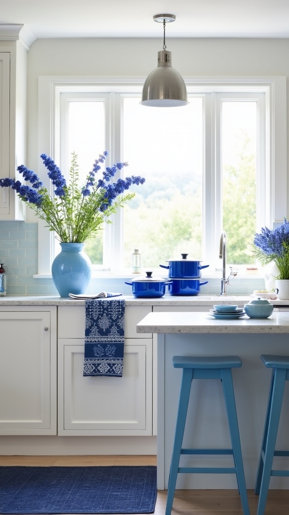 blue accents enhance kitchens