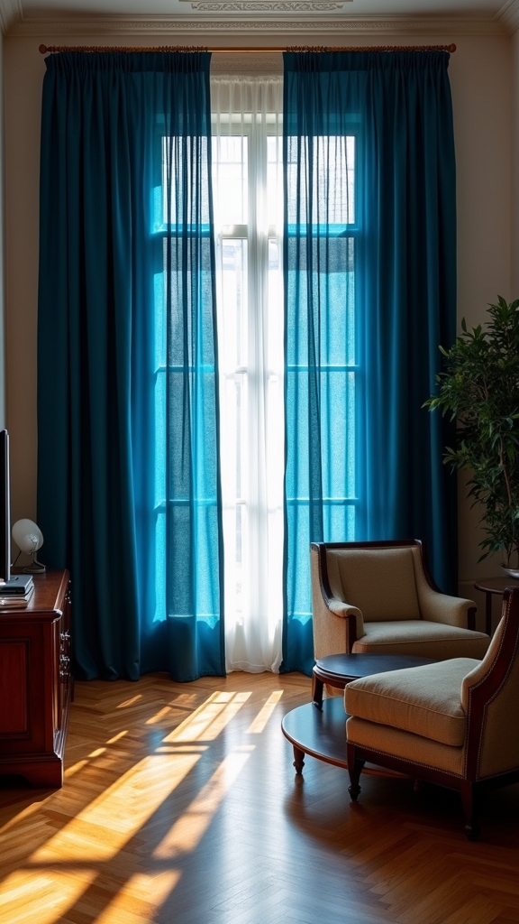 blue curtains wooden furniture