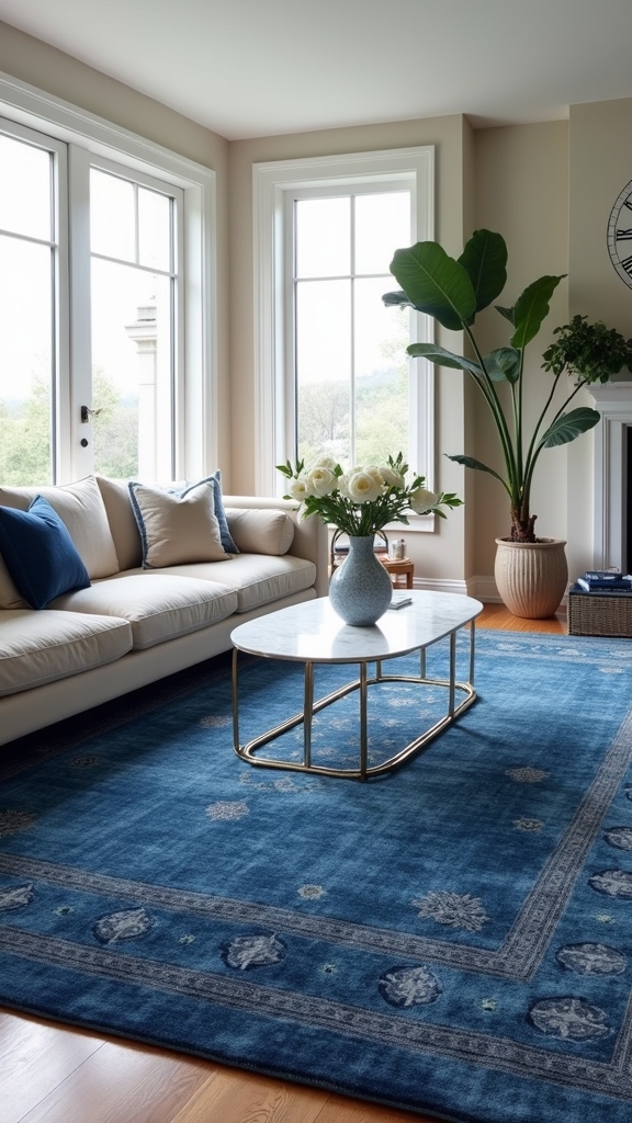blue rugs enhance neutral decor