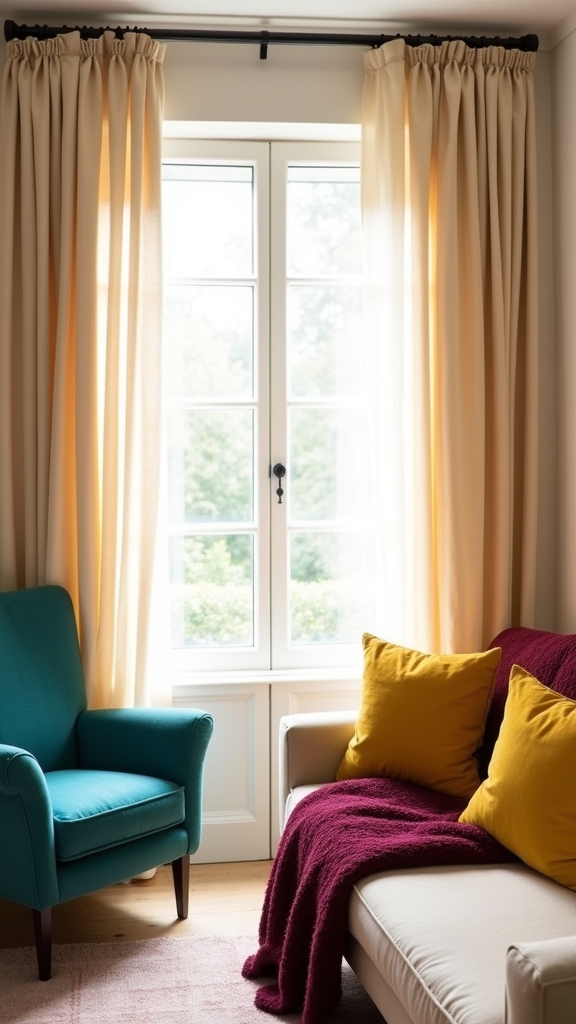 bold accents enhance beige curtains