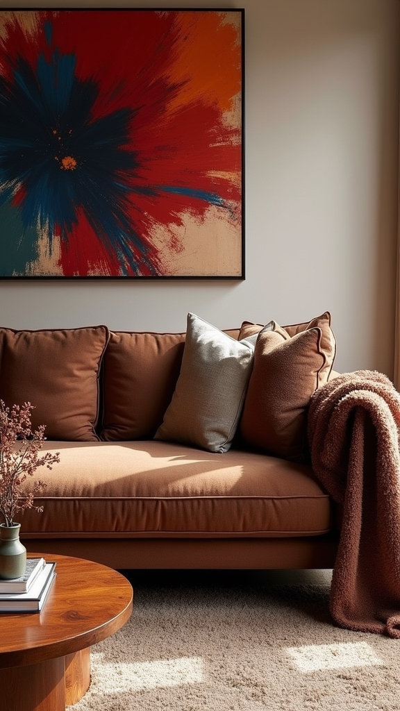bold artwork enhances brown furniture