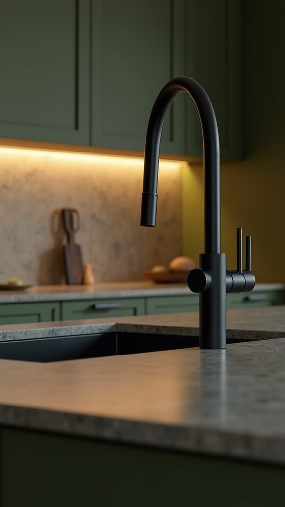 bold black faucets olive cabinets