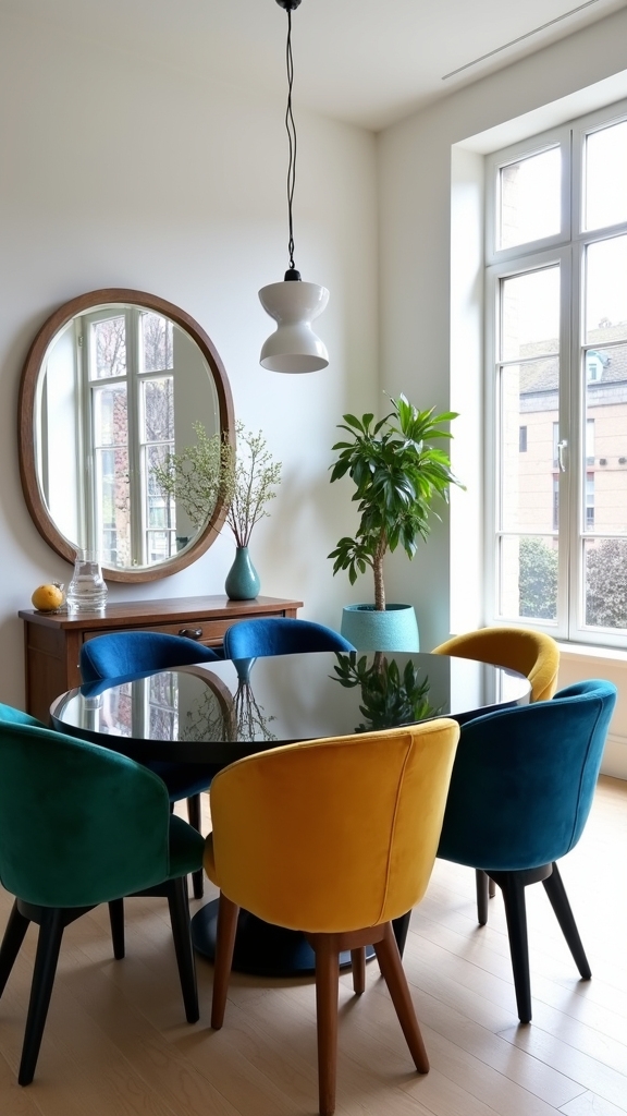 bold chairs enhance black tables