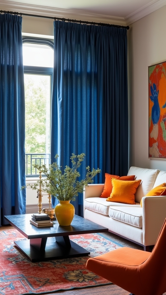 bold colors enhance blue curtains
