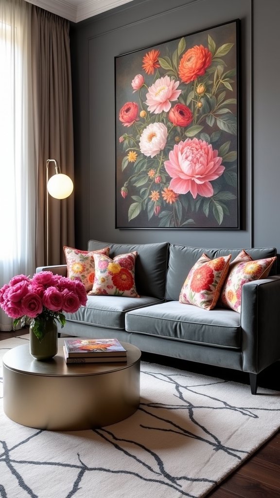 bold florals enhance grey interiors
