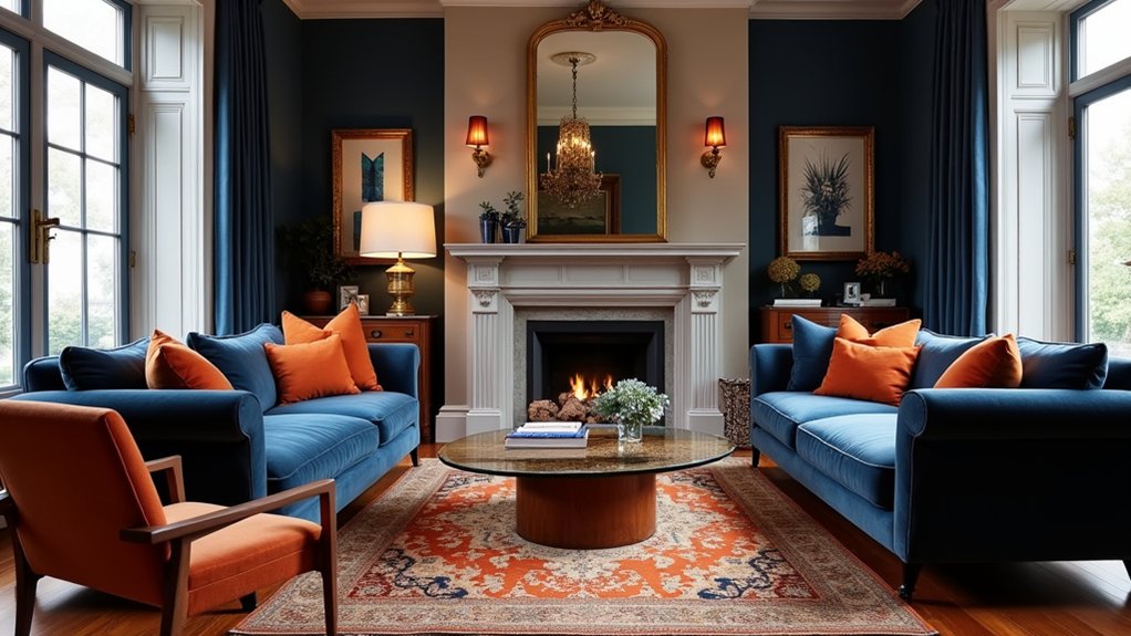 bold navy and orange decor