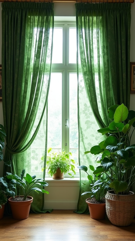 botanical print green curtains