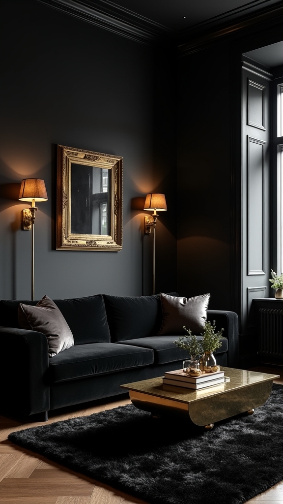 brass accents enhance black interiors