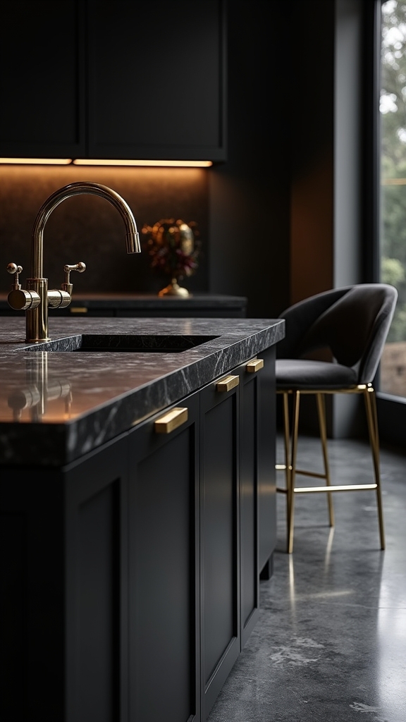 brass accents enhance black kitchens