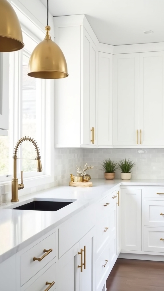 brass accents enhance white kitchens