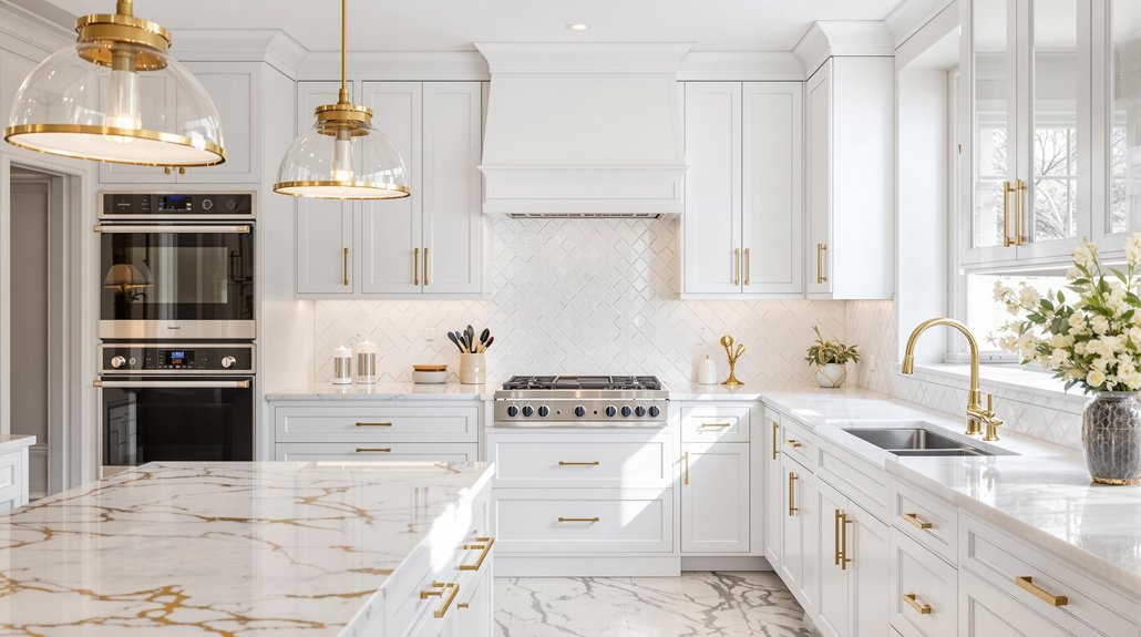chic gold accented white kitchens