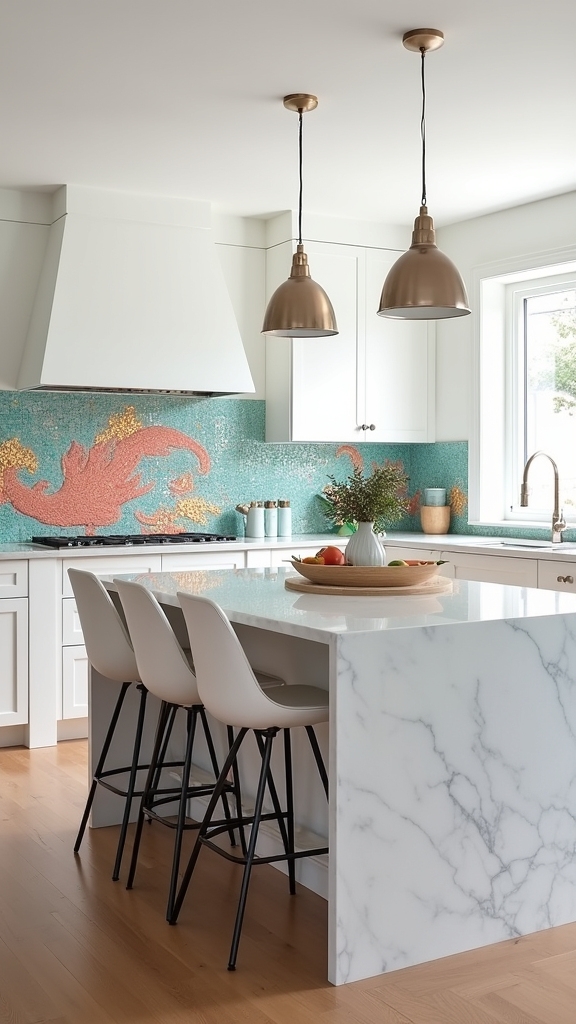 colorful backsplash white island