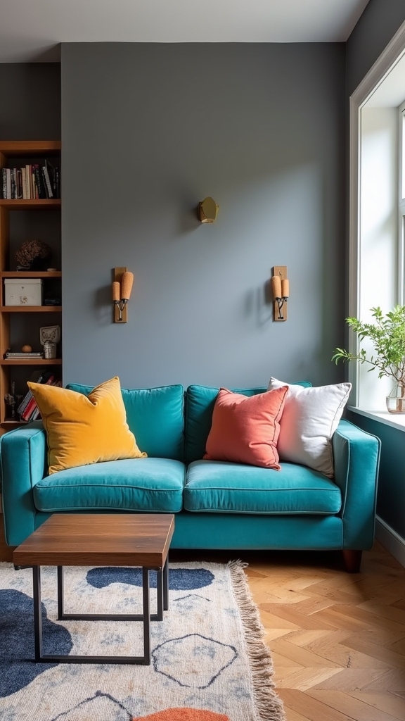 colorful sofa grey walls