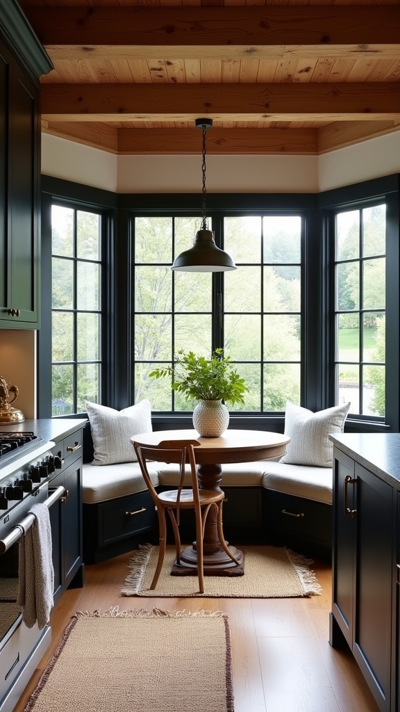 cozy black and wood breakfast nook