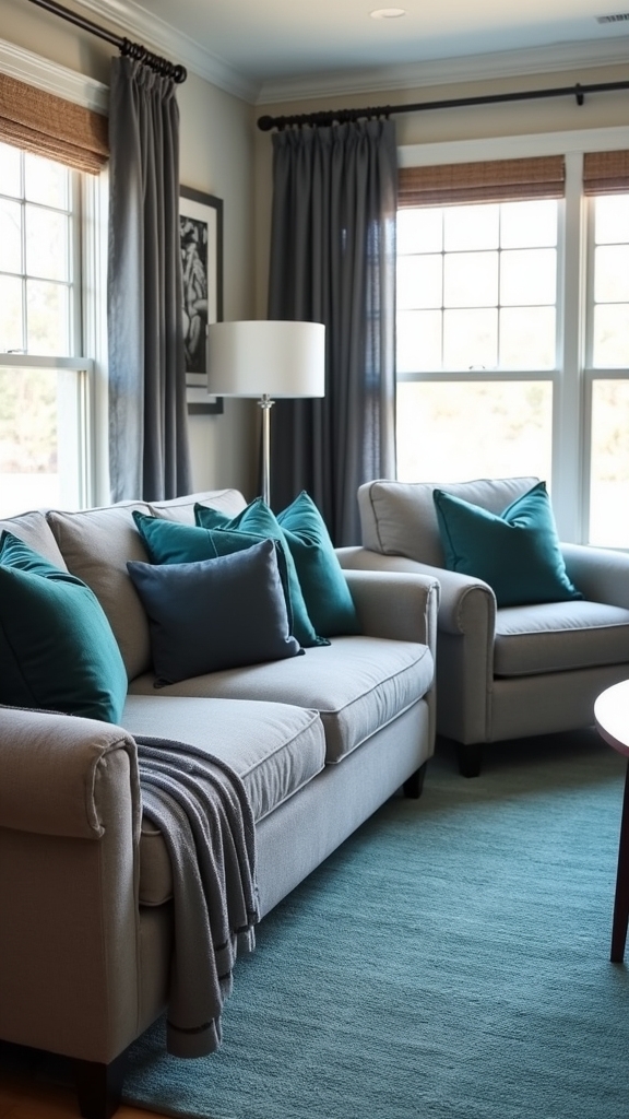 cozy layered gray teal textiles
